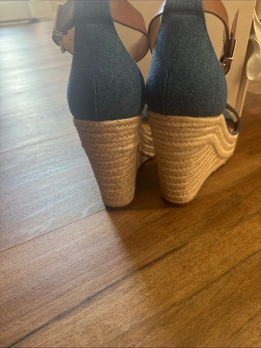 Copper Key Denim Blue Hightide Espadrille Wedge Sandals with Tan Ankle Strap